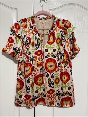 JODIFL Multicolor Ikat Ruffle Short-Sleeve Blouse